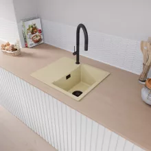 HD Onyx Beige 58 egymedencés mosogatótálca, csepegtetőtálcával, soft bézs színben, matt fekete leeresztő szifonnal