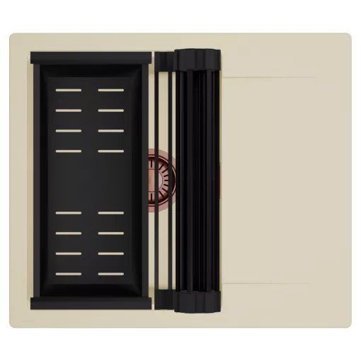 HD Onyx Beige 58 egymedencés mosogatótálca szett, matt fekete csepegtetőráccsal és kosárral, csepegtetőtálcával, soft bézs színben, szálcsiszolt réz leeresztő szifonnal