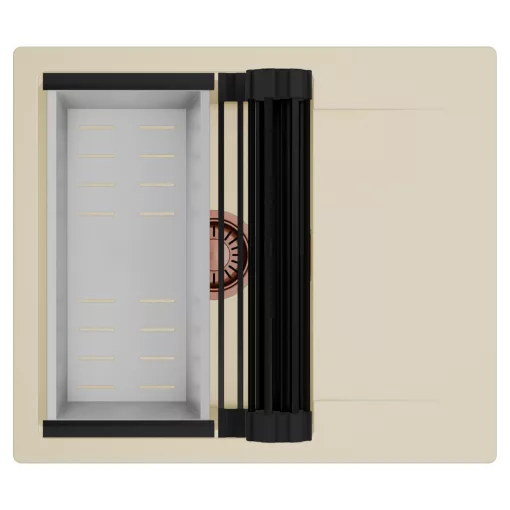 HD Onyx Beige 58 egymedencés mosogatótálca szett, matt fekete csepegtetőráccsal és krómozott kosárral, csepegtetőtálcával, soft bézs színben, szálcsiszolt réz leeresztő szifonnal