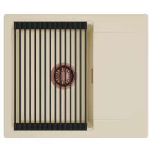 HD Onyx Beige 58 egymedencés mosogatótálca szett, matt fekete csepegtetőráccsal, csepegtetőtálcával, soft bézs színben, szálcsiszolt réz leeresztő szifonnal