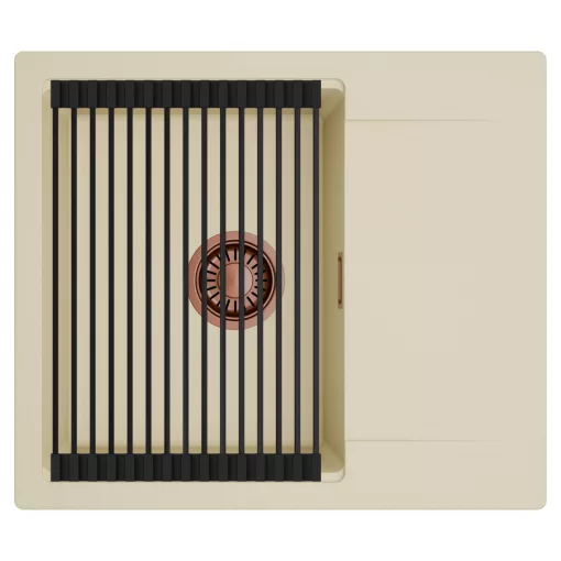 HD Onyx Beige 58 egymedencés mosogatótálca szett, matt fekete csepegtetőráccsal, csepegtetőtálcával, soft bézs színben, szálcsiszolt réz leeresztő szifonnal