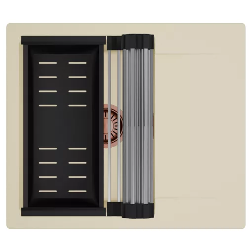 HD Onyx Beige 58 egymedencés mosogatótálca szett, acél csepegtetőráccsal és matt fekete kosárral, csepegtetőtálcával, soft bézs színben, szálcsiszolt réz leeresztő szifonnal