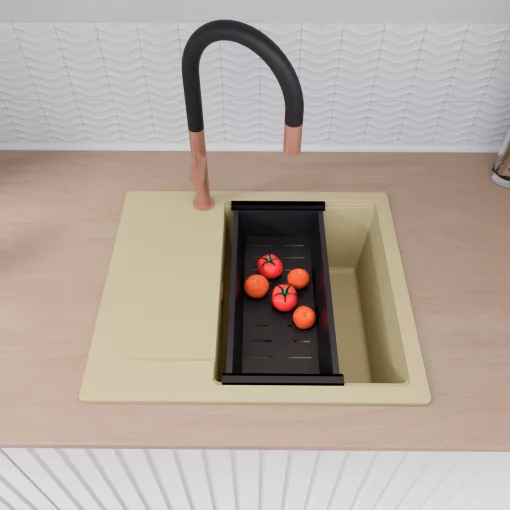 HD Onyx Beige 58 egymedencés mosogatótálca szett, acél csepegtetőráccsal és matt fekete kosárral, csepegtetőtálcával, soft bézs színben, szálcsiszolt réz leeresztő szifonnal