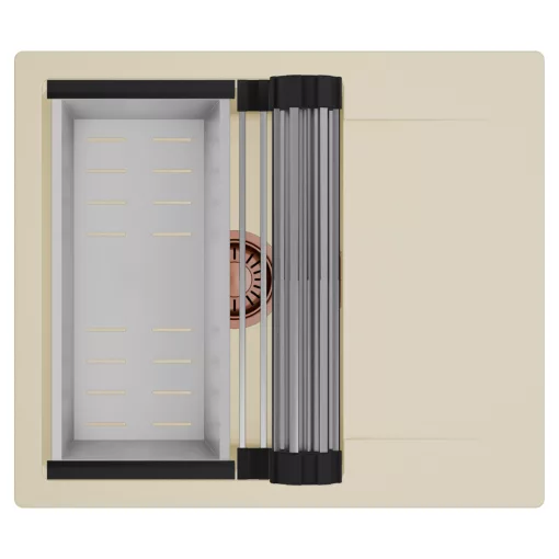 HD Onyx Beige 58 egymedencés mosogatótálca szett, acél csepegtetőráccsal és kosárral, csepegtetőtálcával, soft bézs színben, szálcsiszolt réz leeresztő szifonnal