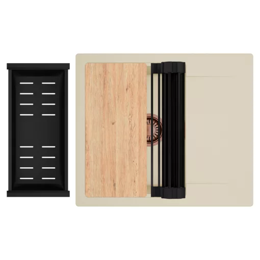 HD Onyx Beige 58 egymedencés gránit mosogatótálca szett, csepegtetőtálcával, vágódeszkával, matt fekete csepegtetőráccsal és kosárral, soft bézs színben, szálcsiszolt réz leeresztő szifonnal