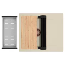 HD Onyx Beige 58 egymedencés gránit mosogatótálca szett, csepegtetőtálcával, vágódeszkával, matt fekete csepegtetőráccsal és krómozott kosárral, soft bézs színben, szálcsiszolt réz leeresztő szifonnal