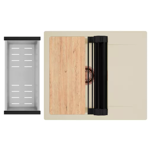 HD Onyx Beige 58 egymedencés gránit mosogatótálca szett, csepegtetőtálcával, vágódeszkával, matt fekete csepegtetőráccsal és krómozott kosárral, soft bézs színben, szálcsiszolt réz leeresztő szifonnal