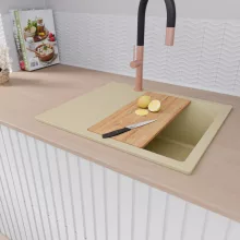 HD Onyx Beige 58 egymedencés gránit mosogatótálca szett, csepegtetőtálcával, vágódeszkával, matt fekete csepegtetőráccsal és krómozott kosárral, soft bézs színben, szálcsiszolt réz leeresztő szifonnal