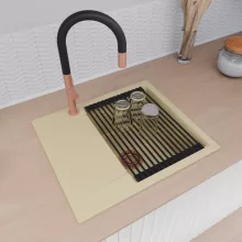 HD Onyx Beige 58 egymedencés gránit mosogatótálca szett, csepegtetőtálcával, vágódeszkával, matt fekete csepegtetőráccsal és krómozott kosárral, soft bézs színben, szálcsiszolt réz leeresztő szifonnal