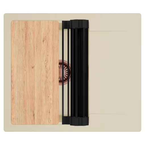 HD Onyx Beige 58 egymedencés gránit mosogatótálca szett, csepegtetőtálcával, vágódeszkával, matt fekete csepegtetőráccsal, soft bézs színben, szálcsiszolt réz leeresztő szifonnal