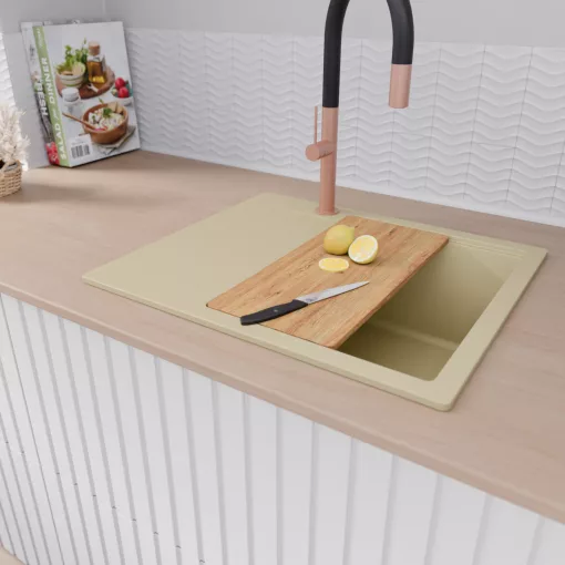 HD Onyx Beige 58 egymedencés gránit mosogatótálca szett, csepegtetőtálcával, vágódeszkával, matt fekete csepegtetőráccsal, soft bézs színben, szálcsiszolt réz leeresztő szifonnal