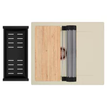 HD Onyx Beige 58 egymedencés gránit mosogatótálca szett, csepegtetőtálcával, vágódeszkával, acél csepegtetőráccsal és matt fekete kosárral, soft bézs színben, szálcsiszolt réz leeresztő szifonnal