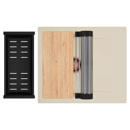 HD Onyx Beige 58 egymedencés gránit mosogatótálca szett, csepegtetőtálcával, vágódeszkával, acél csepegtetőráccsal és matt fekete kosárral, soft bézs színben, szálcsiszolt réz leeresztő szifonnal