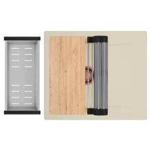 HD Onyx Beige 58 egymedencés gránit mosogatótálca szett, csepegtetőtálcával, vágódeszkával, acél csepegtetőráccsal és kosárral, soft bézs színben, szálcsiszolt réz leeresztő szifonnal