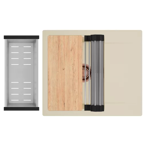 HD Onyx Beige 58 egymedencés gránit mosogatótálca szett, csepegtetőtálcával, vágódeszkával, acél csepegtetőráccsal és kosárral, soft bézs színben, szálcsiszolt réz leeresztő szifonnal