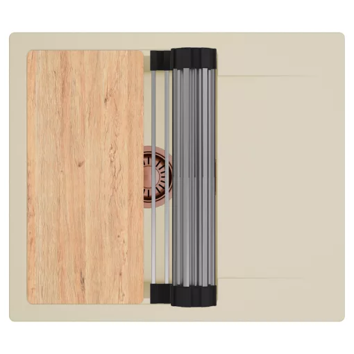 HD Onyx Beige 58 egymedencés gránit mosogatótálca szett, csepegtetőtálcával, vágódeszkával, acél csepegtetőráccsal, soft bézs színben, szálcsiszolt réz leeresztő szifonnal