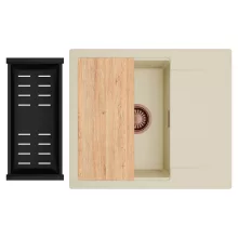 HD Onyx Beige 58 egymedencés gránit mosogatótálca szett, csepegtetőtálcával, vágódeszkával, matt fekete csepegtetőkosárral, soft bézs színben, szálcsiszolt réz leeresztő szifonnal