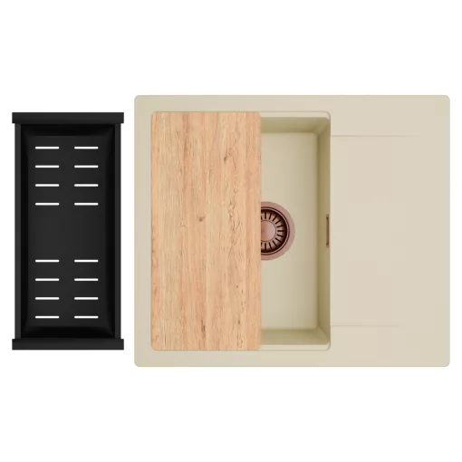 HD Onyx Beige 58 egymedencés gránit mosogatótálca szett, csepegtetőtálcával, vágódeszkával, matt fekete csepegtetőkosárral, soft bézs színben, szálcsiszolt réz leeresztő szifonnal