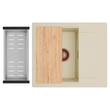 HD Onyx Beige 58 egymedencés gránit mosogatótálca szett, csepegtetőtálcával, vágódeszkával, acél csepegtetőkosárral, soft bézs színben, szálcsiszolt réz leeresztő szifonnal