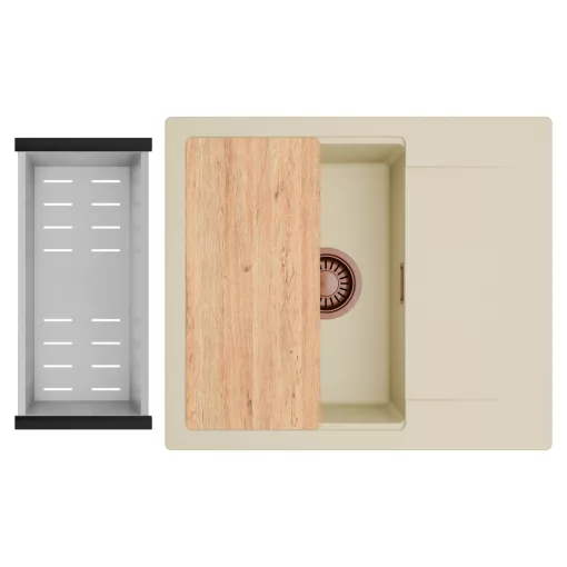 HD Onyx Beige 58 egymedencés gránit mosogatótálca szett, csepegtetőtálcával, vágódeszkával, acél csepegtetőkosárral, soft bézs színben, szálcsiszolt réz leeresztő szifonnal