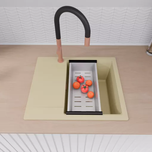 HD Onyx Beige 58 egymedencés gránit mosogatótálca szett, csepegtetőtálcával, vágódeszkával, acél csepegtetőkosárral, soft bézs színben, szálcsiszolt réz leeresztő szifonnal