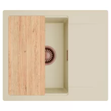 HD Onyx Beige 58 egymedencés gránit mosogatótálca, vágódeszkával, soft bézs színben, szálcsiszolt réz leeresztő szifonnal