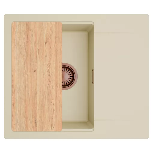 HD Onyx Beige 58 egymedencés gránit mosogatótálca, vágódeszkával, soft bézs színben, szálcsiszolt réz leeresztő szifonnal