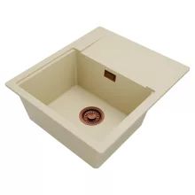 HD Onyx Beige 58 egymedencés gránit mosogatótálca, vágódeszkával, soft bézs színben, szálcsiszolt réz leeresztő szifonnal