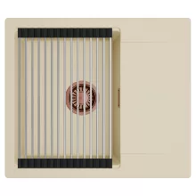 HD Onyx Beige 58 egymedencés mosogatótálca szett, acél csepegtetőráccsal, csepegtetőtálcával, soft bézs színben, szálcsiszolt réz leeresztő szifonnal