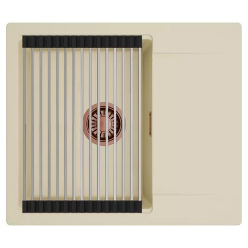 HD Onyx Beige 58 egymedencés mosogatótálca szett, acél csepegtetőráccsal, csepegtetőtálcával, soft bézs színben, szálcsiszolt réz leeresztő szifonnal