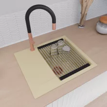 HD Onyx Beige 58 egymedencés mosogatótálca szett, acél csepegtetőráccsal, csepegtetőtálcával, soft bézs színben, szálcsiszolt réz leeresztő szifonnal