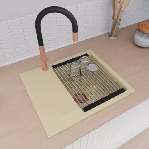 HD Onyx Beige 58 egymedencés mosogatótálca szett, acél csepegtetőráccsal, csepegtetőtálcával, soft bézs színben, szálcsiszolt réz leeresztő szifonnal