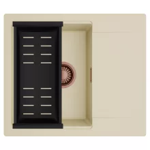 HD Onyx Beige 58 egymedencés mosogatótálca szett, matt fekete csepegtetőkosárral, csepegtetőtálcával, soft bézs színben, szálcsiszolt réz leeresztő szifonnal