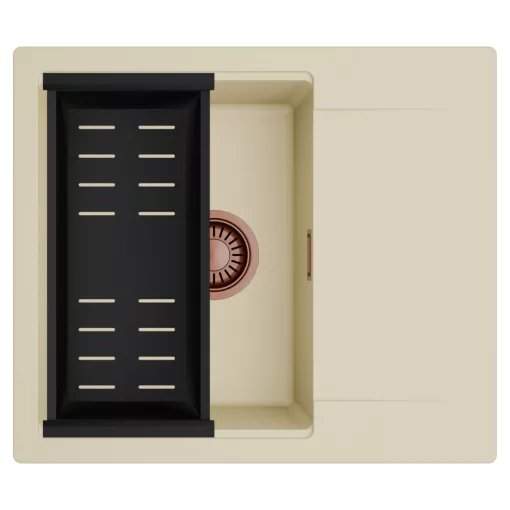 HD Onyx Beige 58 egymedencés mosogatótálca szett, matt fekete csepegtetőkosárral, csepegtetőtálcával, soft bézs színben, szálcsiszolt réz leeresztő szifonnal