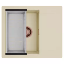 HD Onyx Beige 58 egymedencés mosogatótálca szett, acél csepegtetőkosárral, csepegtetőtálcával, soft bézs színben, szálcsiszolt réz leeresztő szifonnal