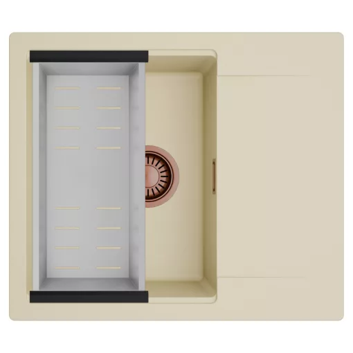 HD Onyx Beige 58 egymedencés mosogatótálca szett, acél csepegtetőkosárral, csepegtetőtálcával, soft bézs színben, szálcsiszolt réz leeresztő szifonnal