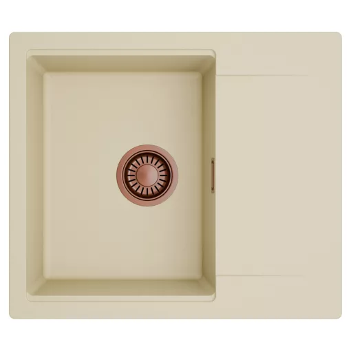HD Onyx Beige 58 egymedencés mosogatótálca, csepegtetőtálcával, soft bézs színben, szálcsiszolt réz leeresztő szifonnal