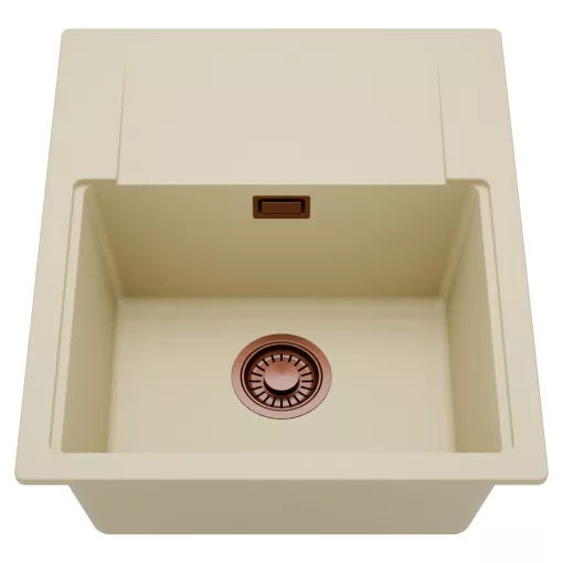 HD Onyx Beige 58 egymedencés mosogatótálca, csepegtetőtálcával, soft bézs színben, szálcsiszolt réz leeresztő szifonnal