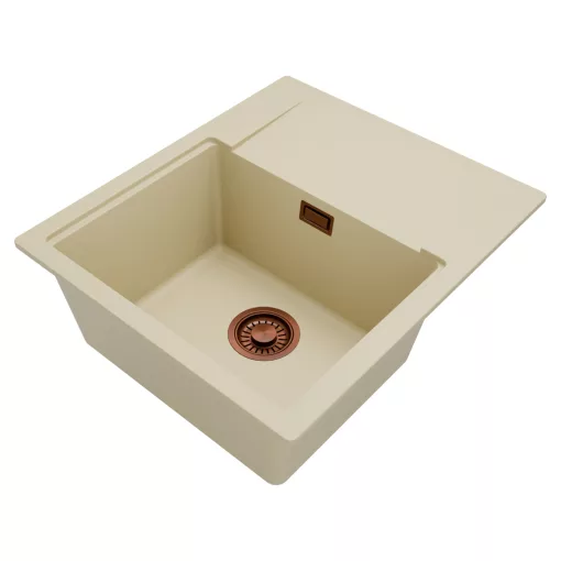 HD Onyx Beige 58 egymedencés mosogatótálca, csepegtetőtálcával, soft bézs színben, szálcsiszolt réz leeresztő szifonnal