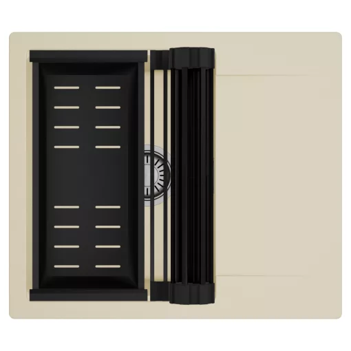 HD Onyx Beige 58 egymedencés mosogatótálca szett, matt fekete csepegtetőráccsal és kosárral, csepegtetőtálcával, soft bézs színben