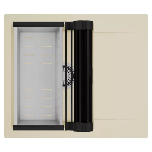 HD Onyx Beige 58 egymedencés mosogatótálca szett, matt fekete csepegtetőráccsal és krómozott kosárral, csepegtetőtálcával, soft bézs színben