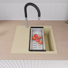 HD Onyx Beige 58 egymedencés mosogatótálca szett, matt fekete csepegtetőráccsal és krómozott kosárral, csepegtetőtálcával, soft bézs színben