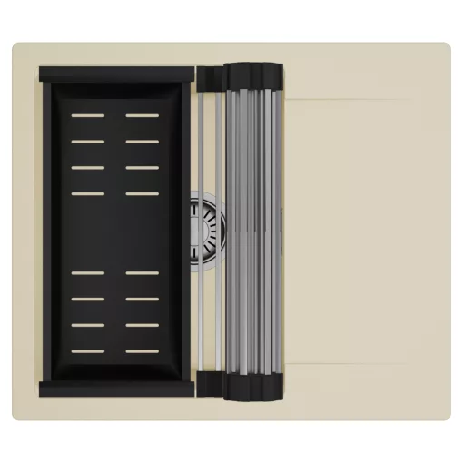 HD Onyx Beige 58 egymedencés mosogatótálca szett, acél csepegtetőráccsal és matt fekete kosárral, csepegtetőtálcával, soft bézs színben