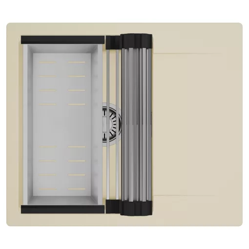 HD Onyx Beige 58 egymedencés mosogatótálca szett, acél csepegtetőráccsal és kosárral, csepegtetőtálcával, soft bézs színben