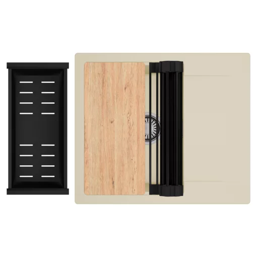 HD Onyx Beige 58 egymedencés gránit mosogatótálca szett, csepegtetőtálcával, vágódeszkával, matt fekete csepegtetőráccsal és kosárral, soft bézs színben