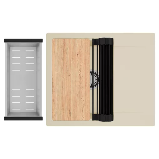 HD Onyx Beige 58 egymedencés gránit mosogatótálca szett, csepegtetőtálcával, vágódeszkával, matt fekete csepegtetőráccsal és krómozott kosárral, soft bézs színben