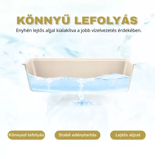 HD Onyx Beige 58 egymedencés gránit mosogatótálca szett, csepegtetőtálcával, vágódeszkával, matt fekete csepegtetőráccsal és krómozott kosárral, soft bézs színben