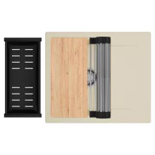 HD Onyx Beige 58 egymedencés gránit mosogatótálca szett, csepegtetőtálcával, vágódeszkával, acél csepegtetőráccsal és matt fekete kosárral, soft bézs színben