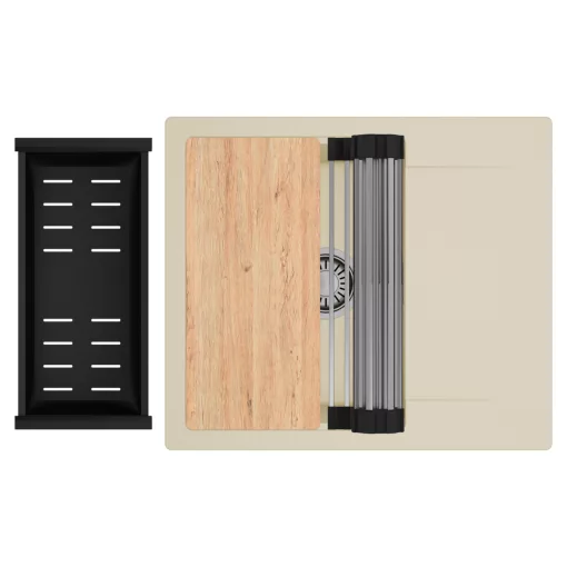 HD Onyx Beige 58 egymedencés gránit mosogatótálca szett, csepegtetőtálcával, vágódeszkával, acél csepegtetőráccsal és matt fekete kosárral, soft bézs színben