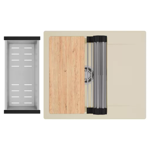 HD Onyx Beige 58 egymedencés gránit mosogatótálca szett, csepegtetőtálcával, vágódeszkával, acél csepegtetőráccsal és kosárral, soft bézs színben